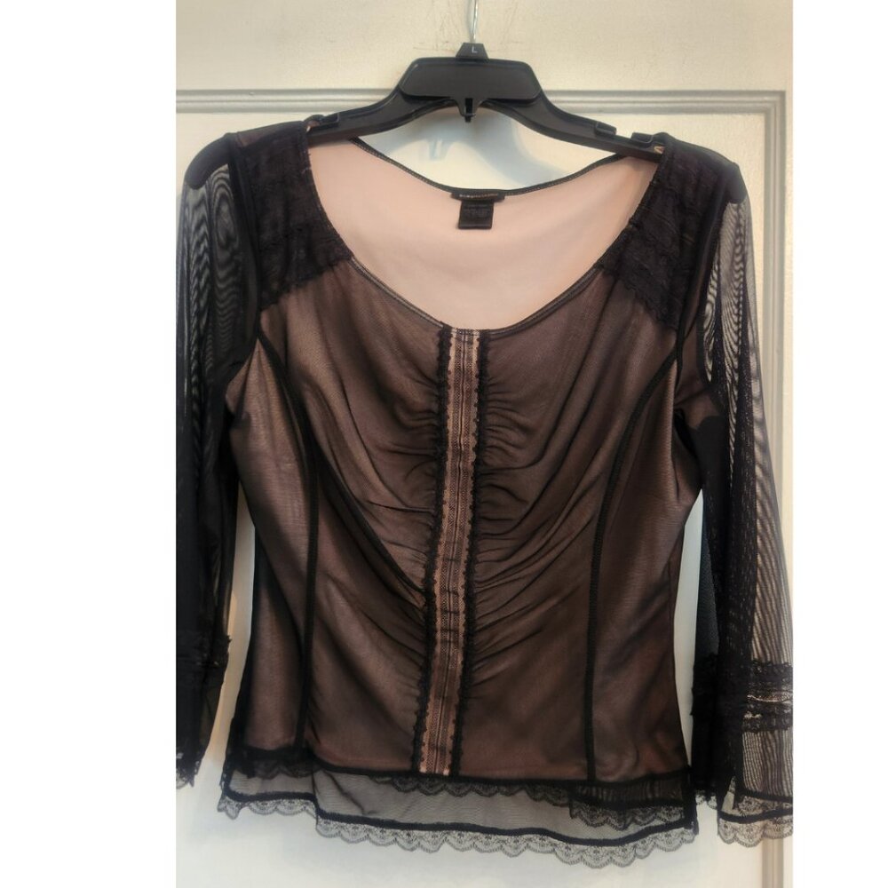 BCBG Women's quarter Sleeve Mesh Trim Scoop Neck Top